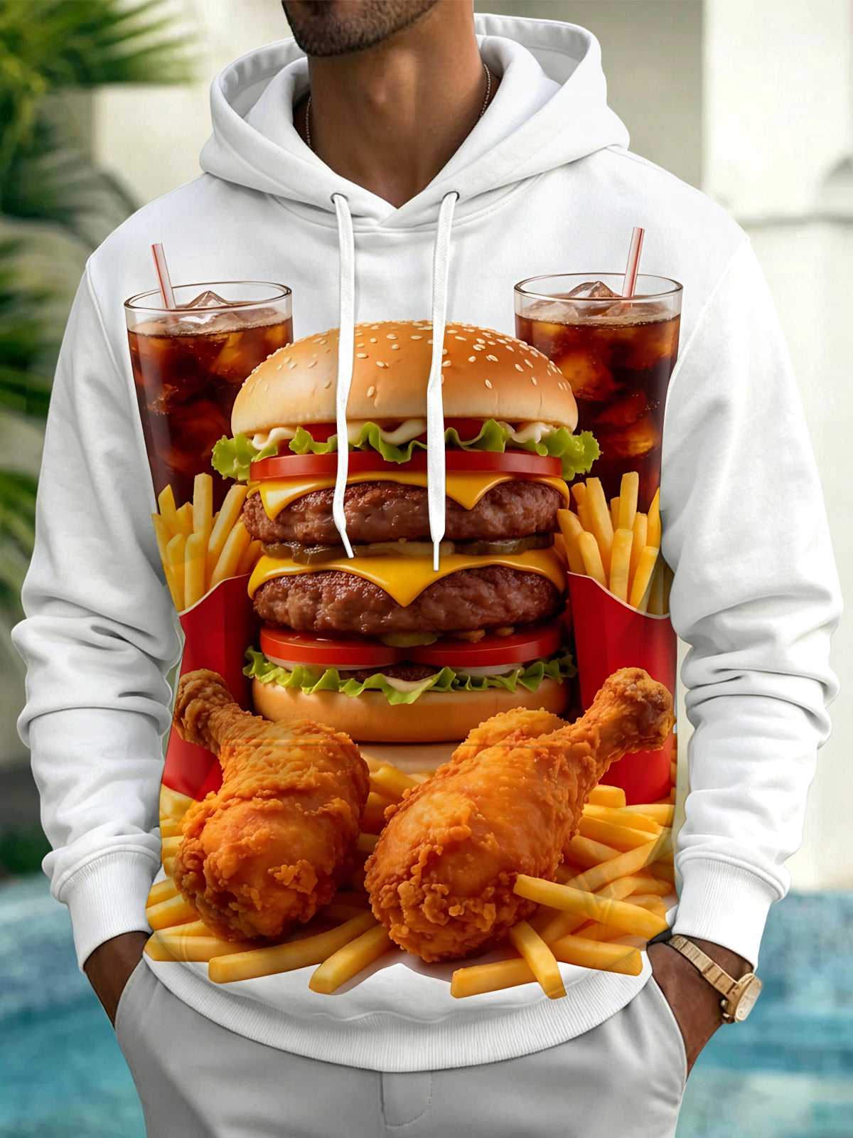 Oceanlyte Men's Long Sleeve Hoodie - Hamburger French Fries Fried Chicken And Soda Print