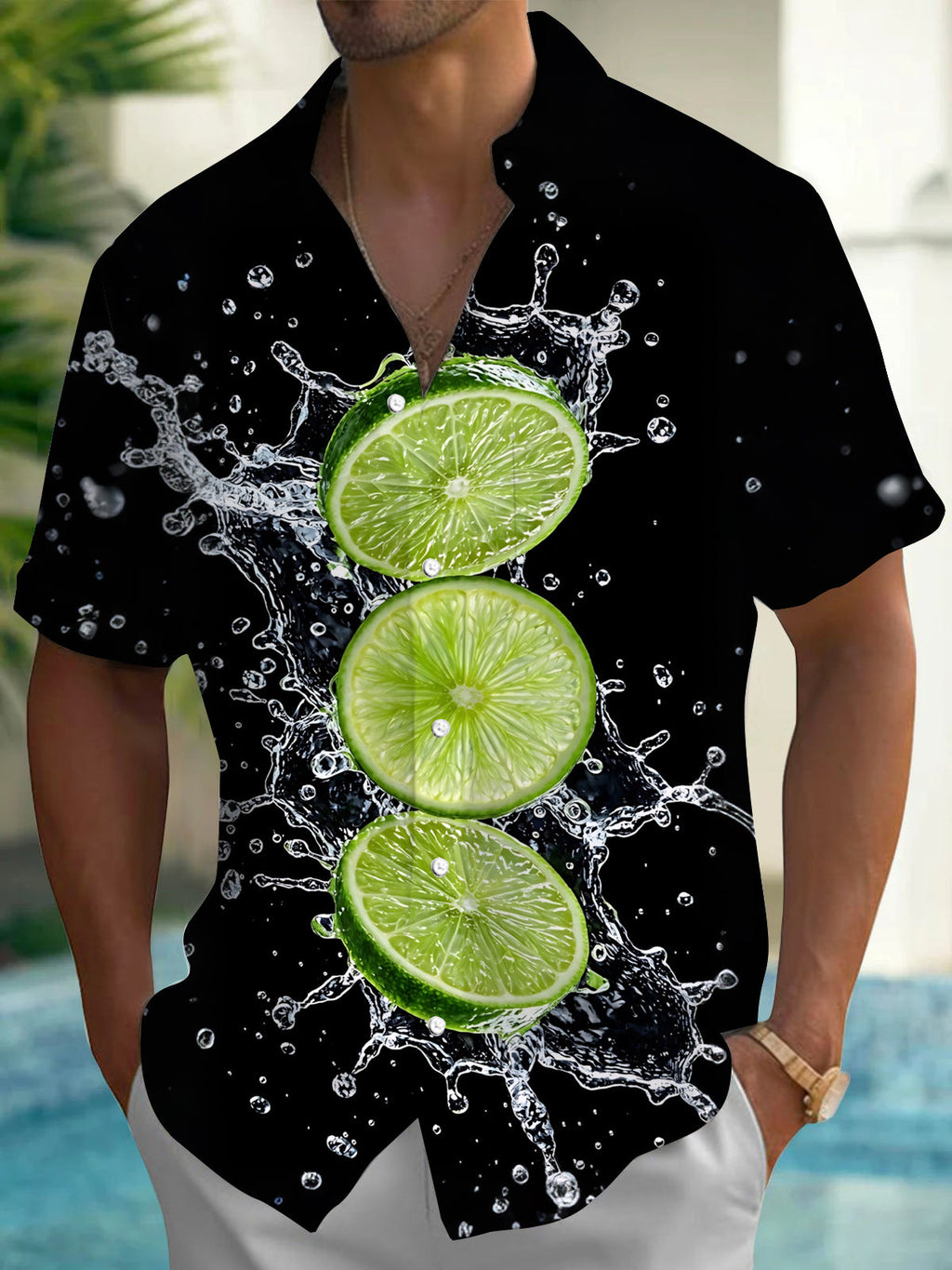 Oceanlyte Men's Hawaiian Lime Slices With Water Splash Print Short Sleeve Shirt with Chest Pocket