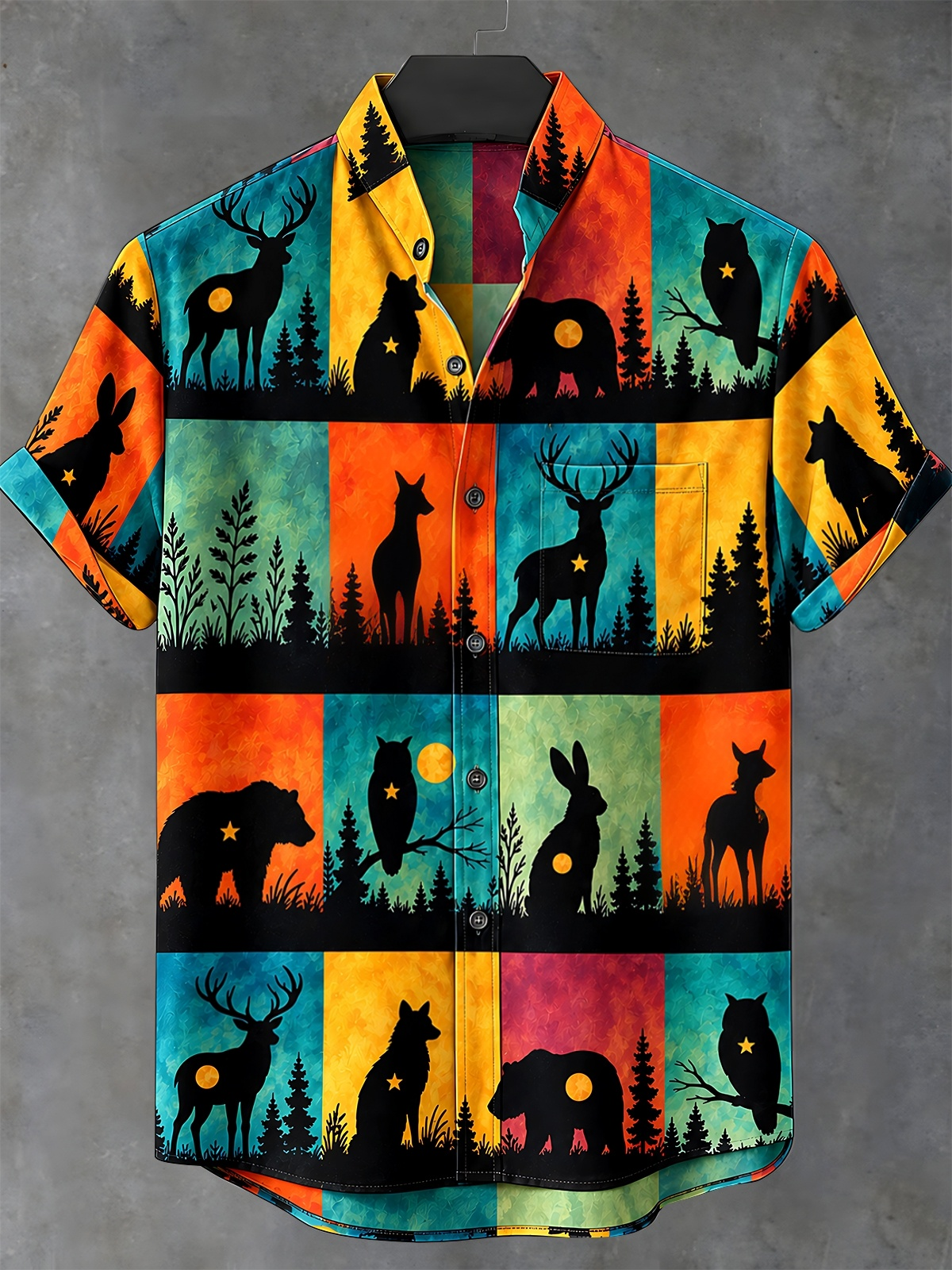 Oceanlyte Men's Forest Animals Silhouettes Print Short Sleeve Stand Collar Shirt with Chest Pocket
