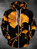 Oceanlyte Men's Ginkgo Leaf And Water Droplets Print Long Sleeve Zip-Up Hoodie
