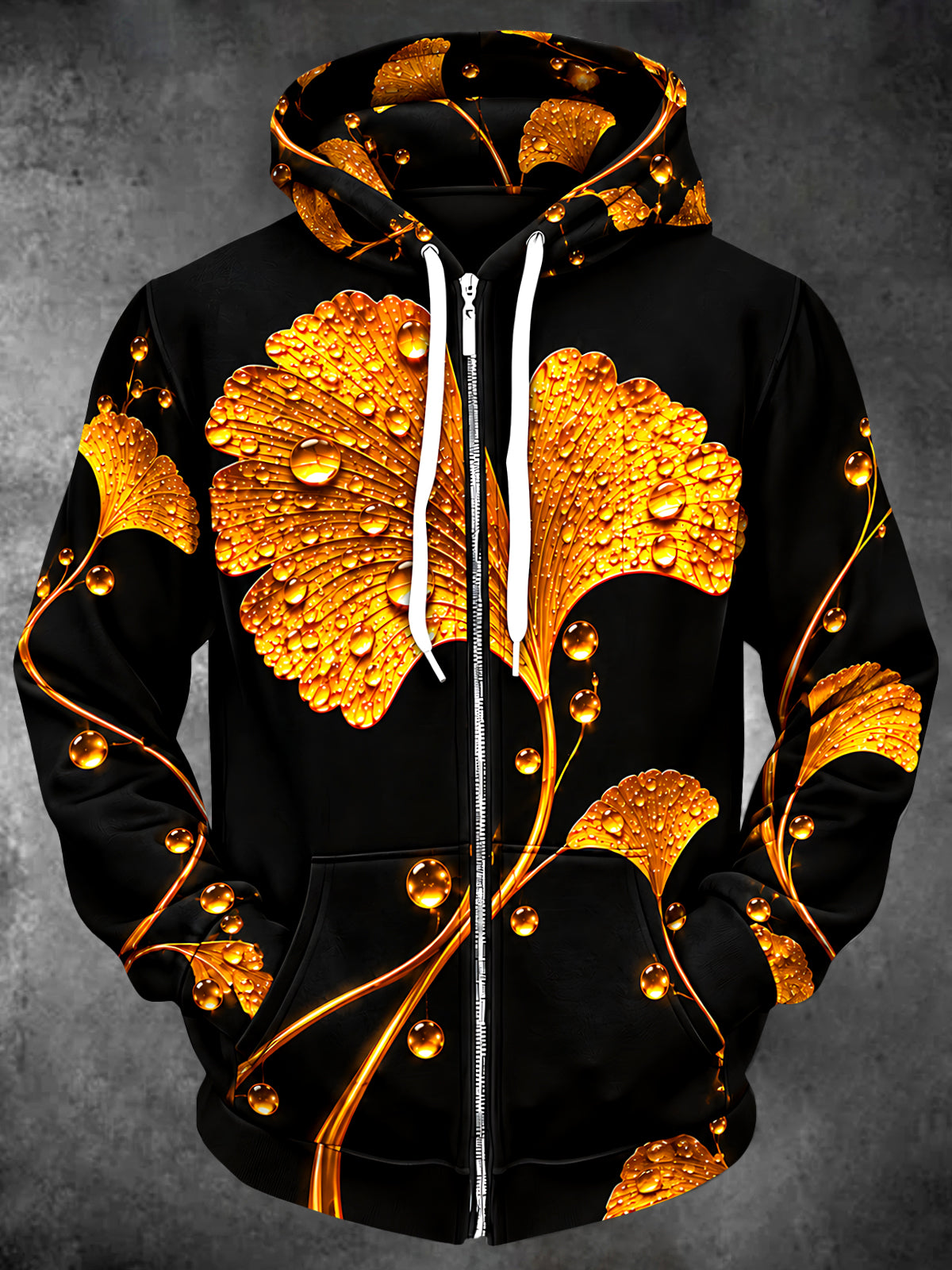 Oceanlyte Men's Ginkgo Leaf And Water Droplets Print Long Sleeve Zip-Up Hoodie