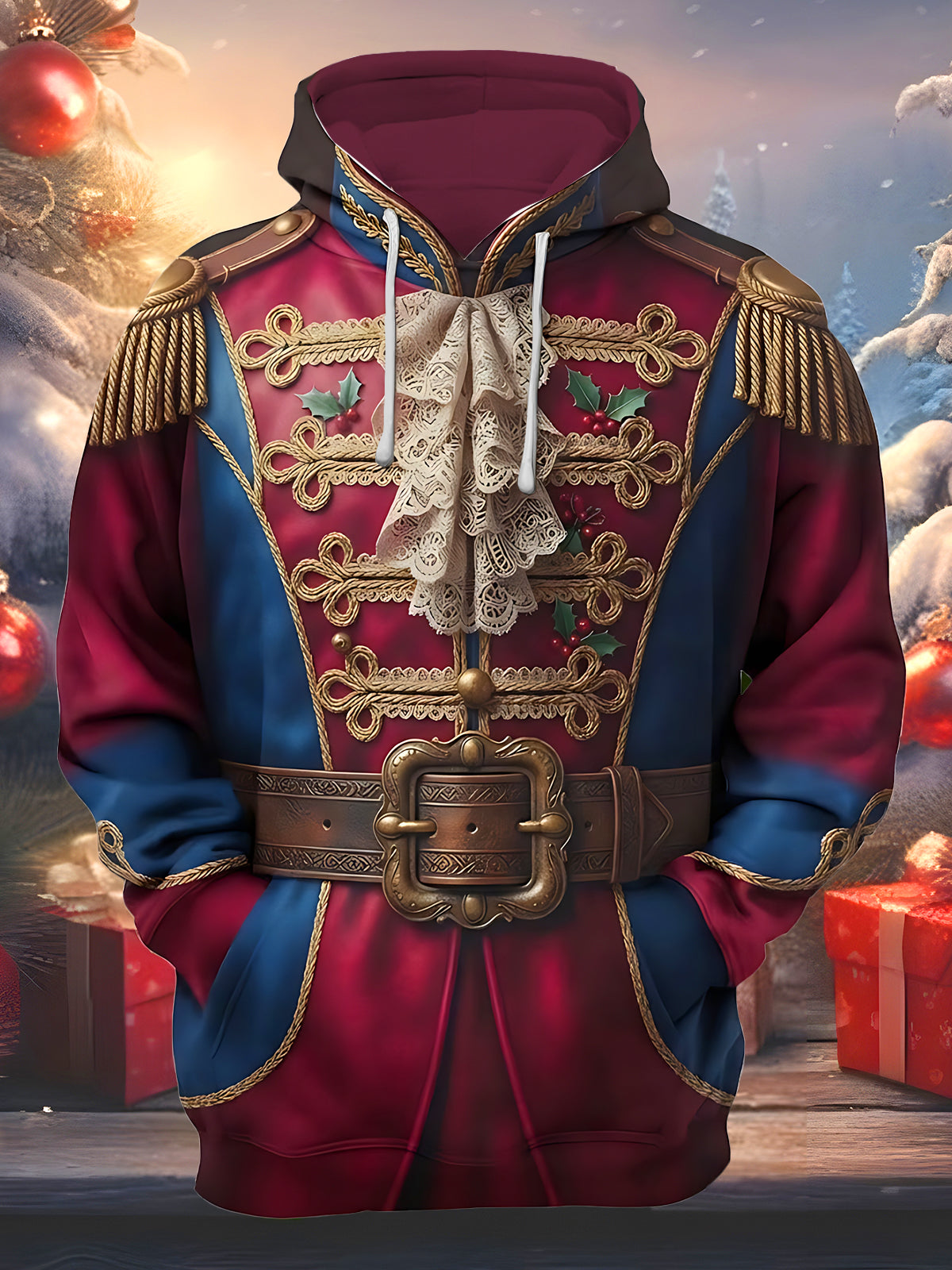 Oceanlyte Men's Long Sleeve Hoodie - Christmas Vintage Military Uniform With Holly And Lace Print