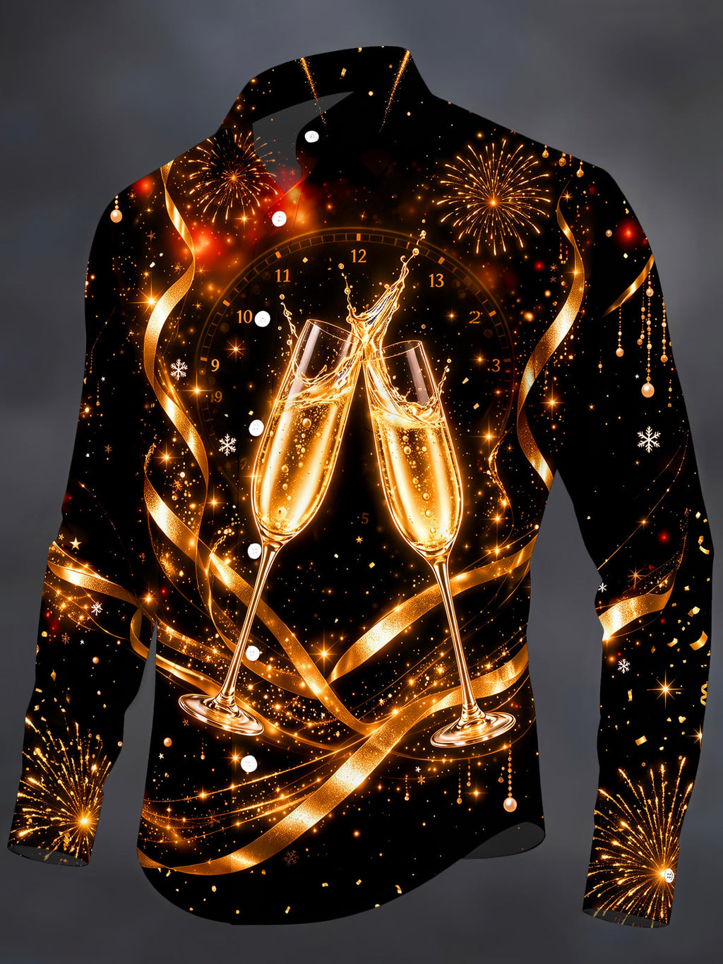 Oceanlyte Men's New Year Champagne Glasses And Clock Print Long Sleeve Shirt with Chest Pocket