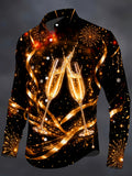 Oceanlyte Men's New Year Champagne Glasses And Clock Print Long Sleeve Shirt with Chest Pocket