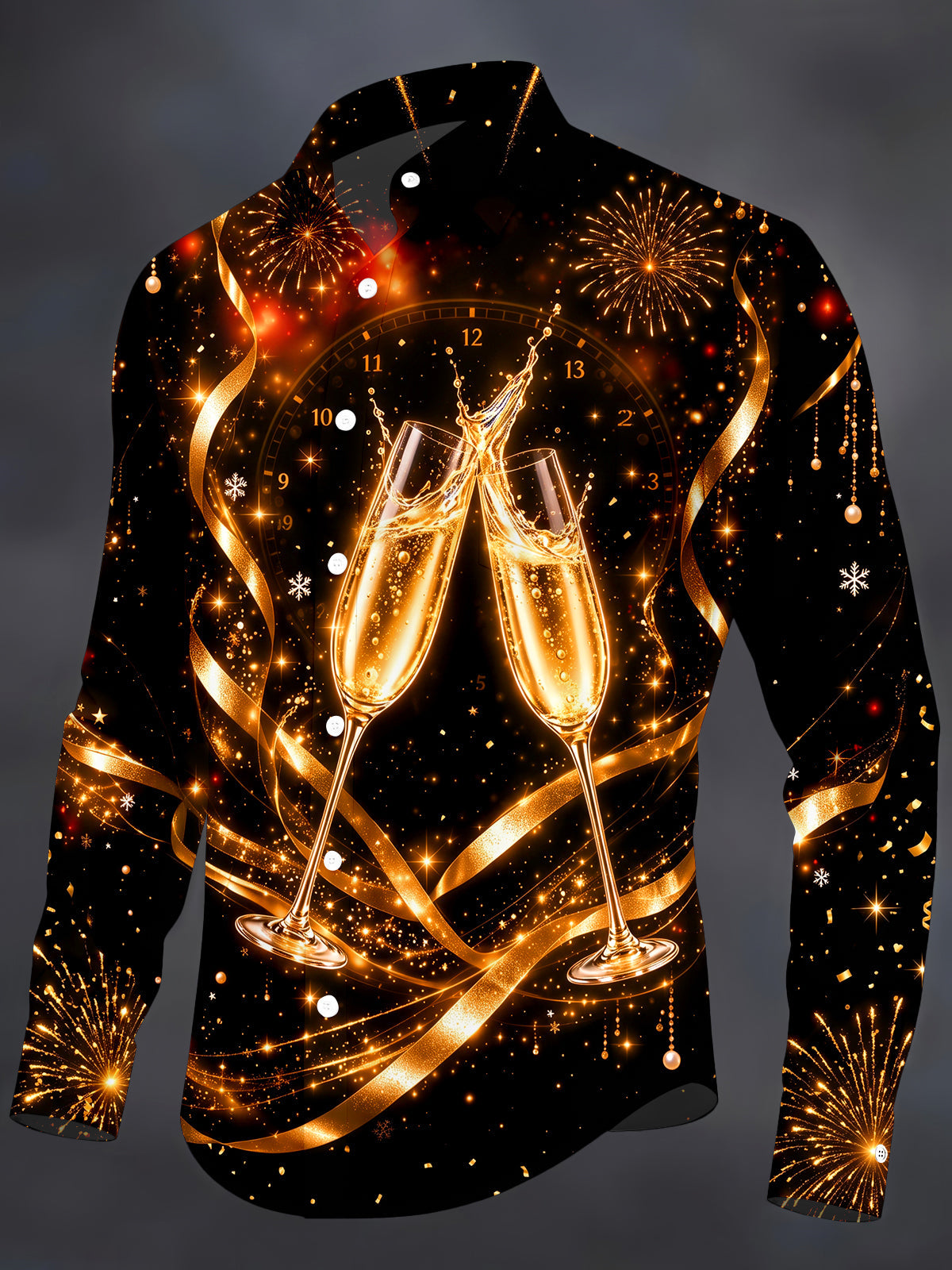 Oceanlyte Men's New Year Champagne Glasses And Clock Print Long Sleeve Shirt with Chest Pocket