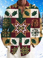 Oceanlyte Men's Long Sleeve Shirt - Christmas Patchwork With Holly Leaves And Snowflakes Print with Chest Pocket