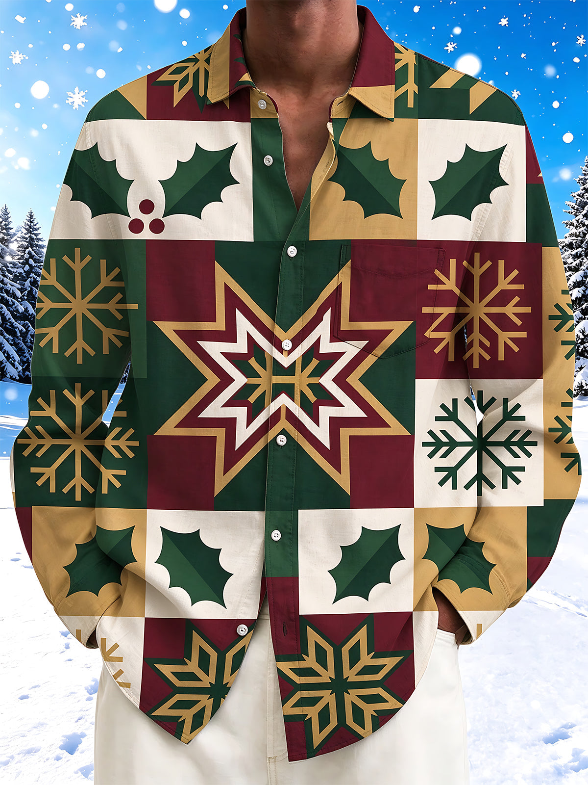 Oceanlyte Men's Long Sleeve Shirt - Christmas Patchwork With Holly Leaves And Snowflakes Print with Chest Pocket
