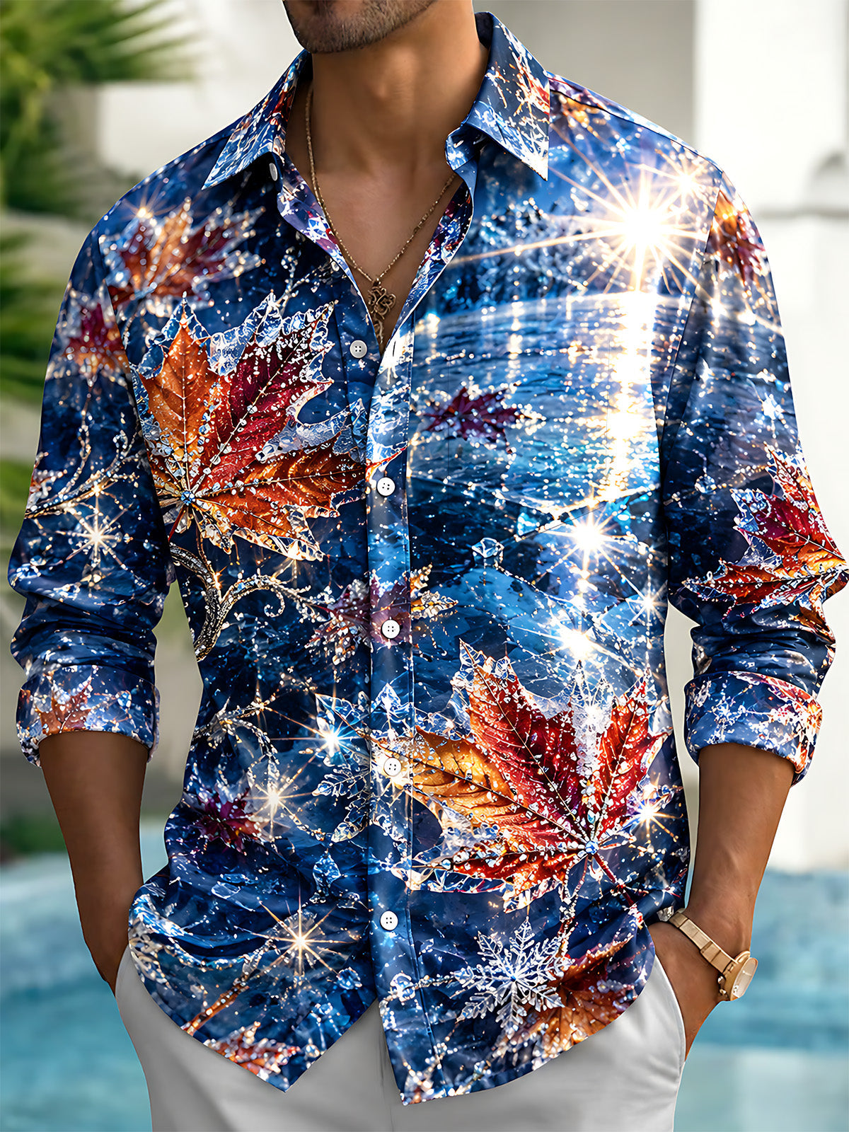 Oceanlyte Men's Printed Maple Leaves And Snowflakes Print Long Sleeve Shirt with Chest Pocket