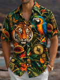 Oceanlyte Men's Hawaiian Tiger And Macaw Parrot Print Short Sleeve Shirt with Chest Pocket