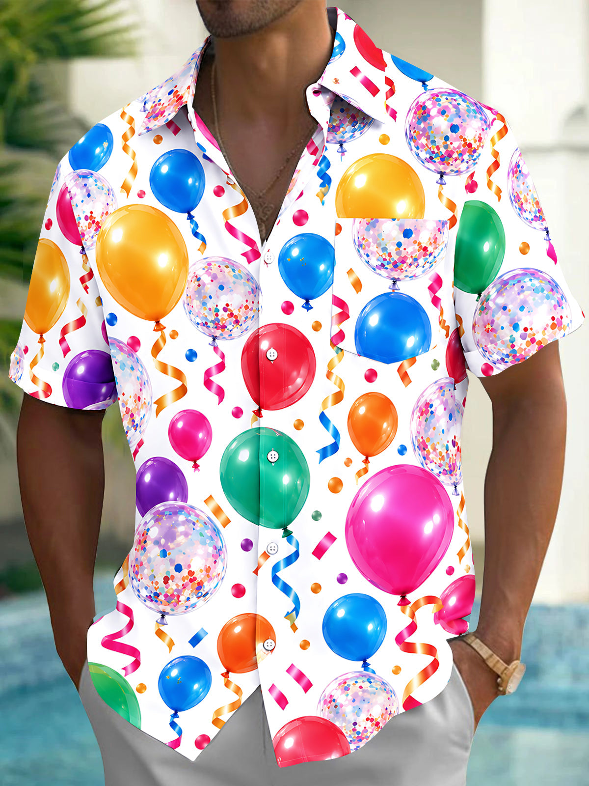 Oceanlyte Men's Hawaiian Colorful Balloons And Confetti Print Short Sleeve Shirt with Chest Pocket