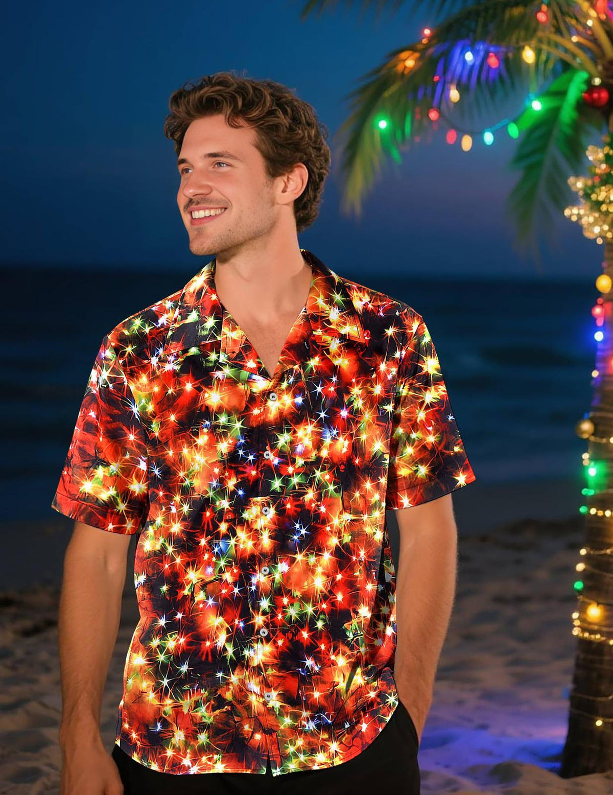 Oceanlyte Mens Christmas Shirt Christmas Neon Print Casual Button Down Holiday Shirt Short Sleeve Loose Tops for Everyday Wear judicious