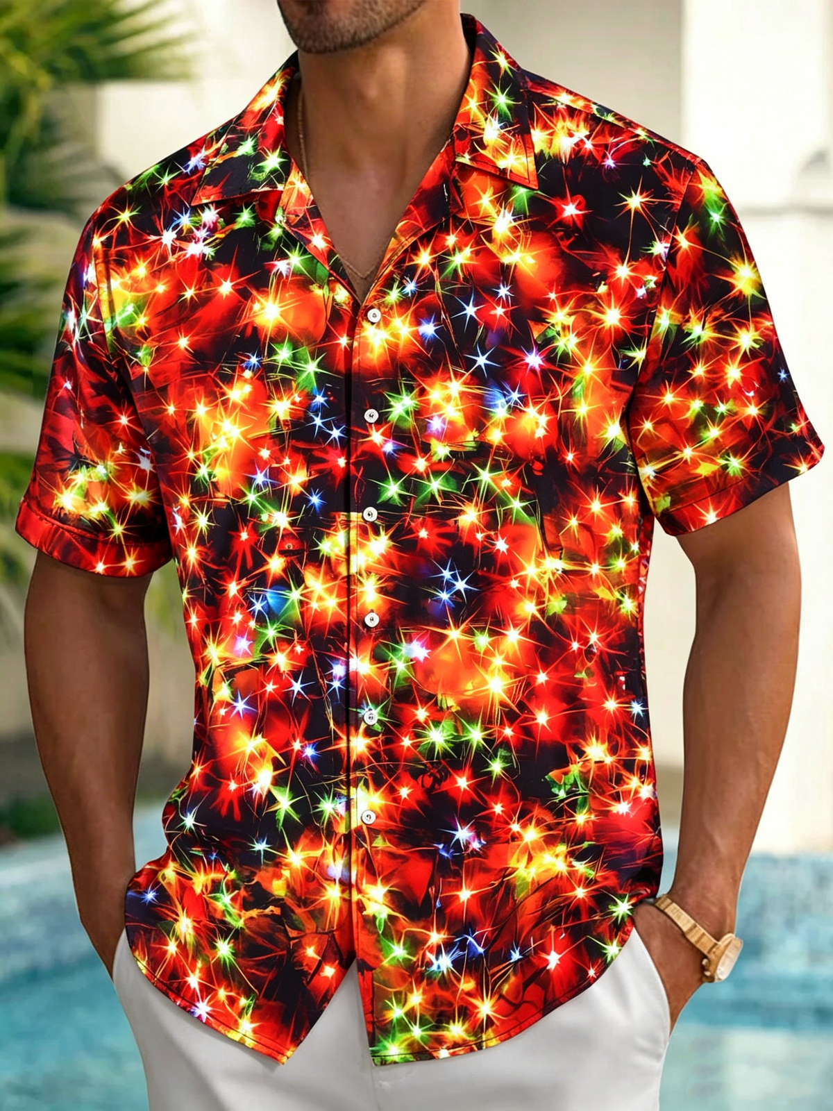 Oceanlyte Mens Christmas Shirt Christmas Neon Print Casual Button Down Holiday Shirt Short Sleeve Loose Tops for Everyday Wear judicious