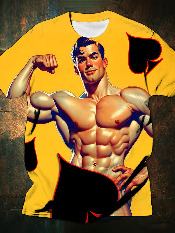 Retro Muscular Man Printed Short Sleeve Men's T-shirt