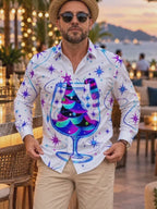 Oceanlyte Men's Neon Christmas Tree In Wine Glass Print Long Sleeve Shirt with Chest Pocket