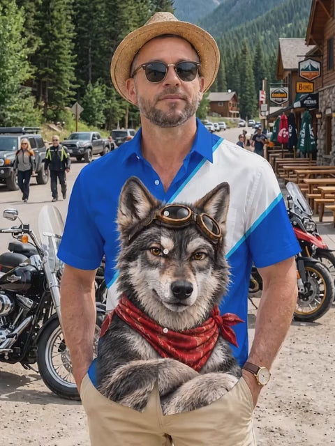 Oceanlyte Men's Short Sleeve Shirt - Wolf With Aviator Goggles And Red Bandana Print with Chest Pocket