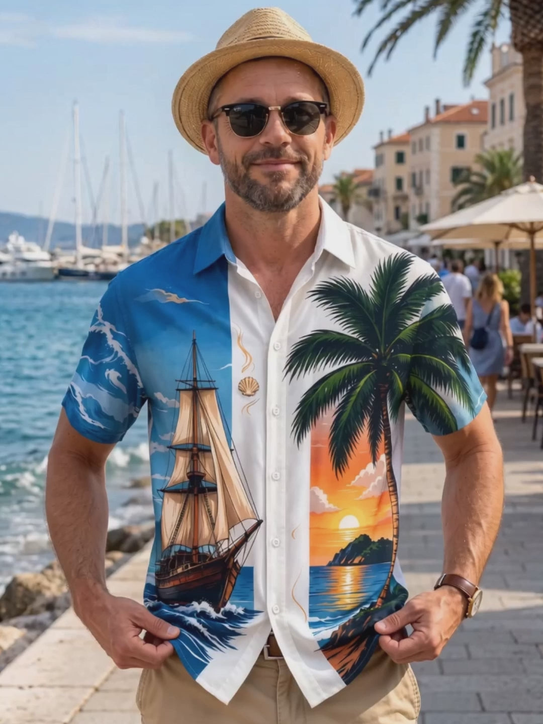Oceanlyte Men's Sailing Ship And Palm Tree Sunset Print Short Sleeve Shirt with Chest Pocket