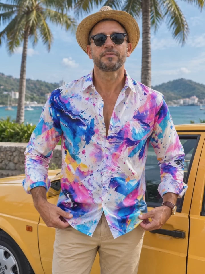 Oceanlyte Men's Abstract Watercolor Splashes And Swirls Print Long Sleeve Shirt with Chest Pocket