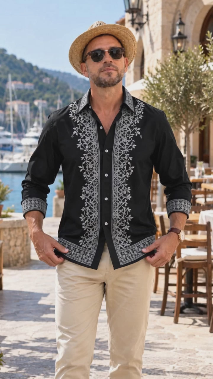 Oceanlyte Men's White Floral Vine And Geometric Border Pattern Long Sleeve Shirt with Chest Pocket