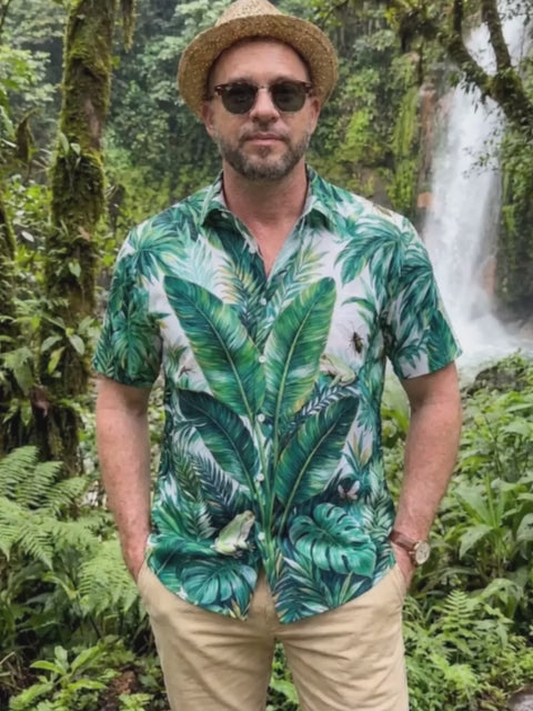 Oceanlyte Men's Hawaiian Tropical Leaves And Frogs Print Short Sleeve Shirt with Chest Pocket