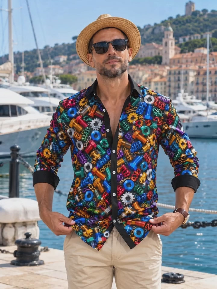 Oceanlyte Men's Colorful Hardware Screws And Nuts Print Long Sleeve Shirt with Chest Pocket