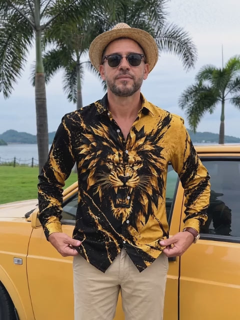 Oceanlyte Men's Graphic Geometric Lion Face Print Long Sleeve Shirt with Chest Pocket