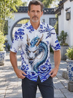 Oceanlyte Men's Printed Blue And White Porcelain Dragon Print Short Sleeve Shirt with Chest Pocket