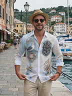 Oceanlyte Men's Vintage Nautical Marine Life Print Long Sleeve Shirt with Chest Pocket