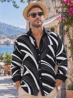 Oceanlyte Men's Abstract Geometric Curved Lines Print Long Sleeve Shirt with Chest Pocket