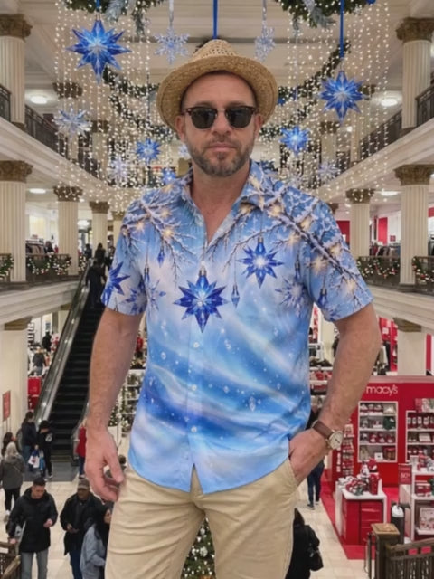 Oceanlyte Men's Blue Crystal Stars And Snowy Branches Print Short Sleeve Shirt with Chest Pocket
