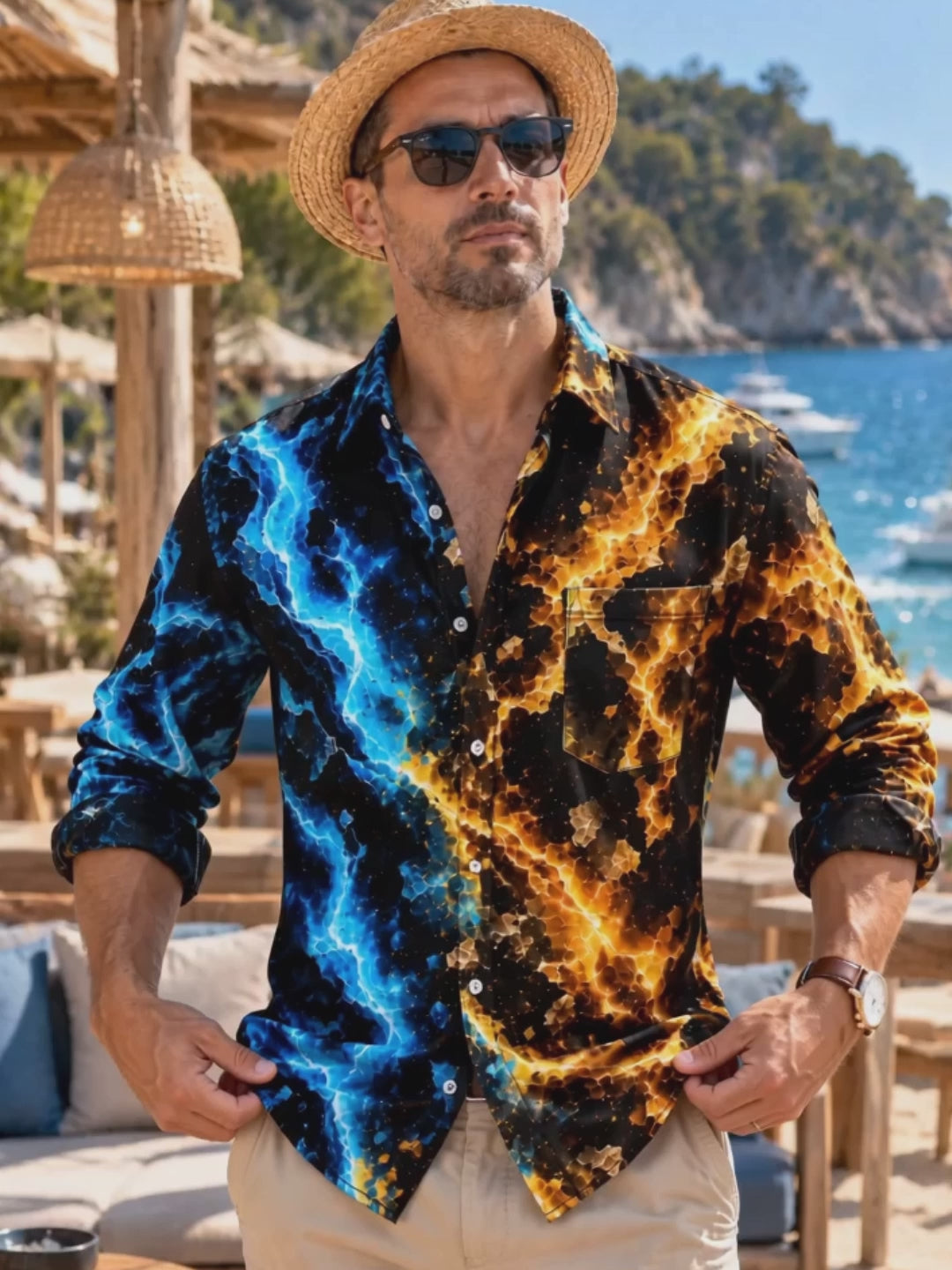 Oceanlyte Men's Abstract Fire And Ice Lightning Pattern Long Sleeve Shirt with Chest Pocket