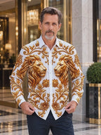 Oceanlyte Men's Golden Lions And Floral Baroque Patterns Print Long Sleeve Shirt with Chest Pocket