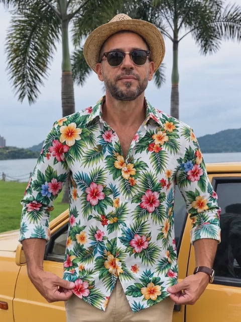 Oceanlyte Men's Long Sleeve Shirt - Tropical Hibiscus Flowers And Palm Leaves Print with Chest Pocket