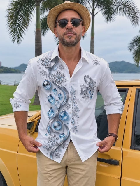 Oceanlyte Men's Christmas Ornaments And Snowflakes Print Long Sleeve Shirt with Chest Pocket