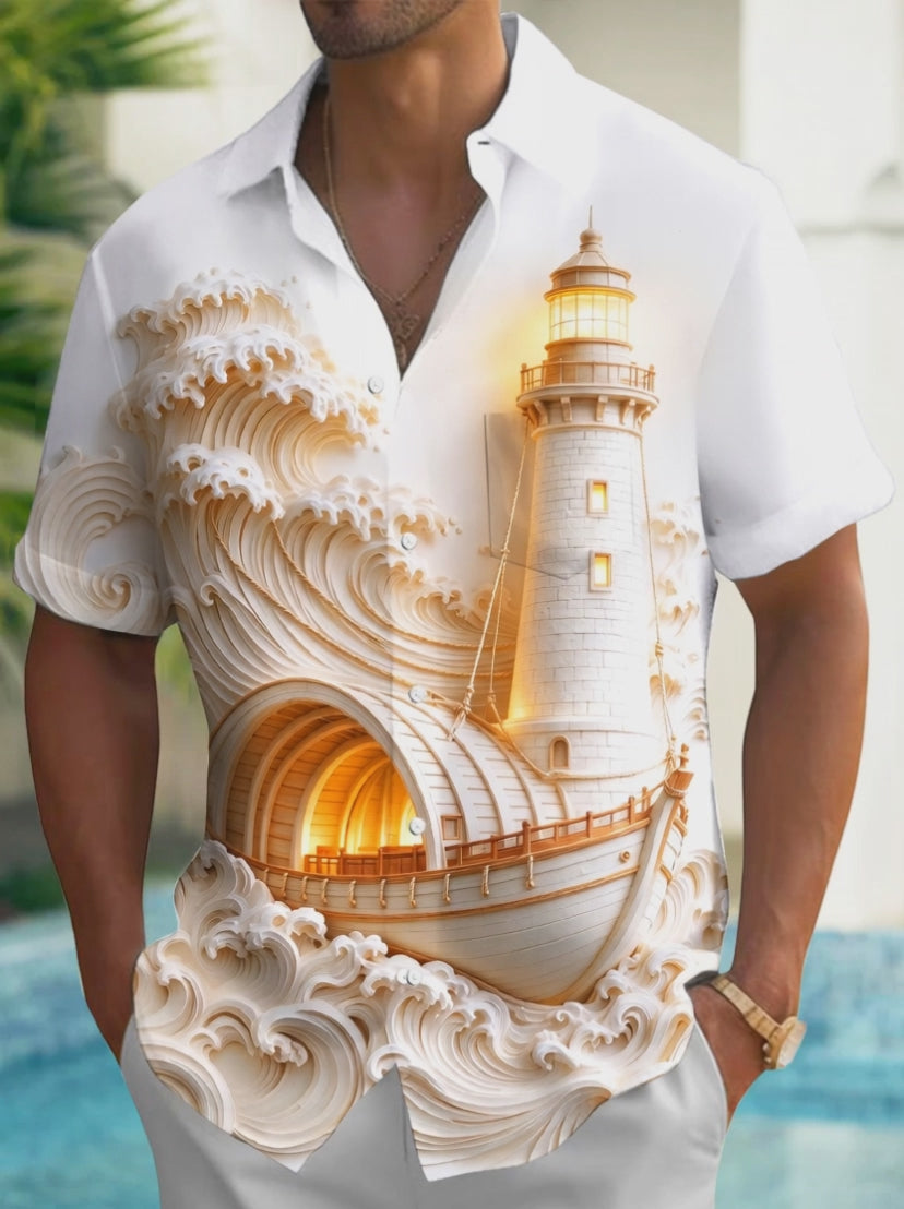 Oceanlyte Men's Lighthouse Ancient Ship And Waves Print Short Sleeve Shirt with Chest Pocket