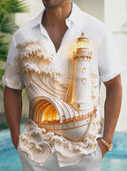 Oceanlyte Men's Lighthouse Ancient Ship And Waves Print Short Sleeve Shirt with Chest Pocket