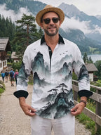 Oceanlyte Men's Long Sleeve Shirt - Chinese Landscape Mountains And Pine Trees Print with Chest Pocket
