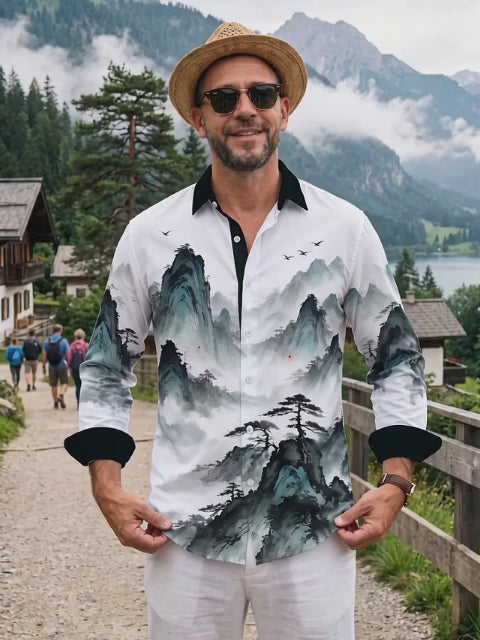 Oceanlyte Men's Long Sleeve Shirt - Chinese Landscape Mountains And Pine Trees Print with Chest Pocket