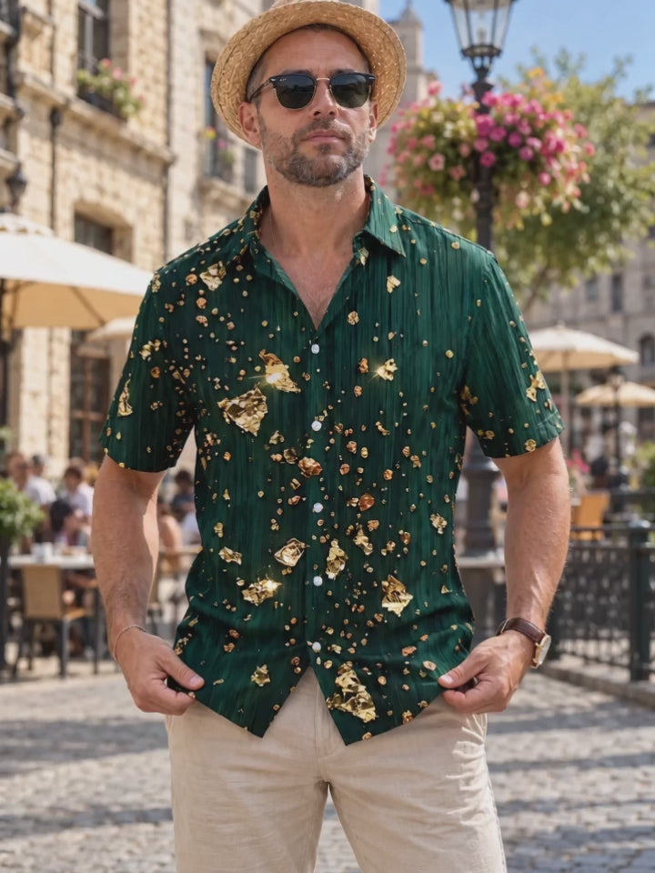 Oceanlyte Men's Hawaiian Gold Foil Crystals And Dots Print Short Sleeve Shirt with Chest Pocket