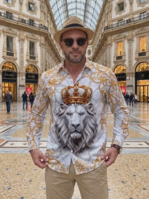 Oceanlyte Men's Printed Marble Lion With Golden Crown Print Long Sleeve Shirt with Chest Pocket
