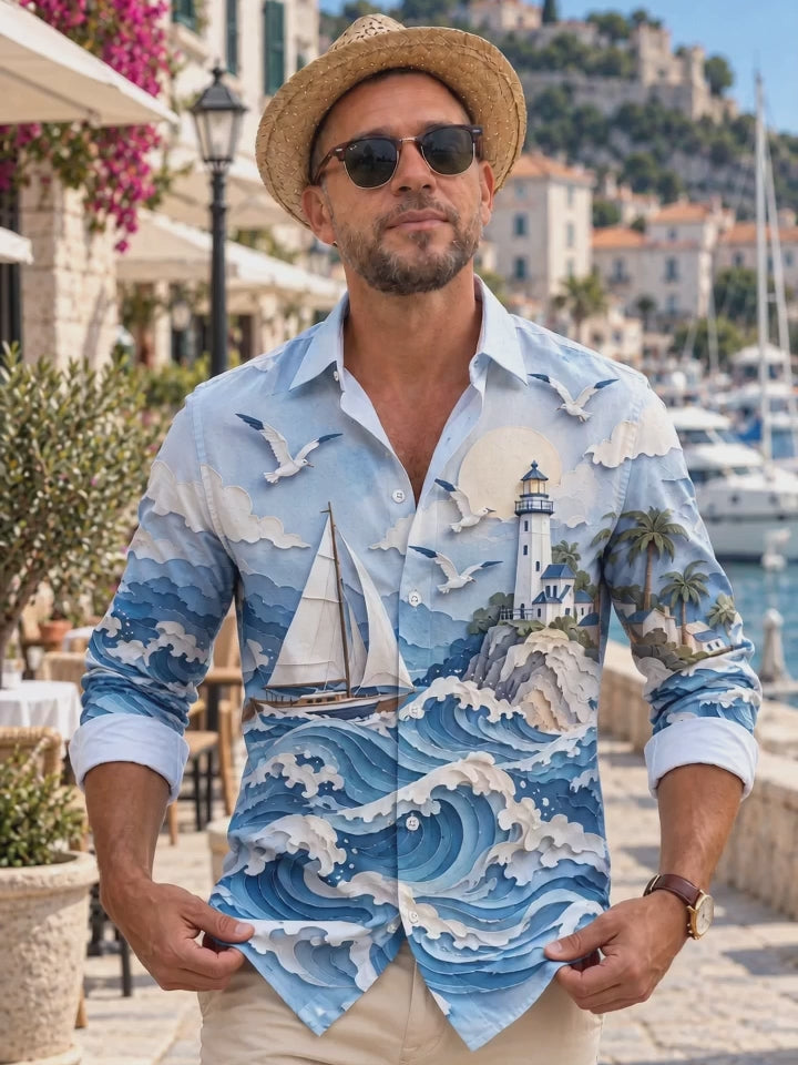Oceanlyte Men's 3D Ocean Waves And Sailboat Print Long Sleeve Shirt with Chest Pocket