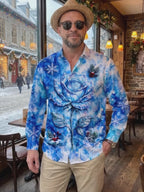 Oceanlyte Men's Long Sleeve Shirt - Blue Rose With Snowflakes And Winter Berries Print with Chest Pocket