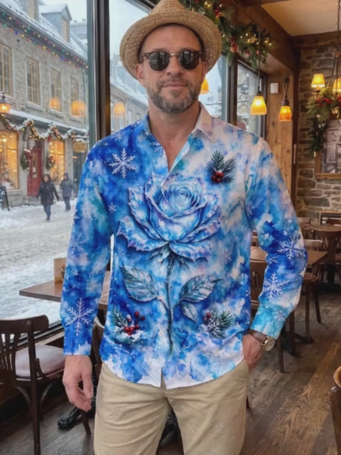 Oceanlyte Men's Long Sleeve Shirt - Blue Rose With Snowflakes And Winter Berries Print with Chest Pocket