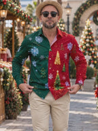 Oceanlyte Men's Printed Christmas Trees And Snowflakes Print Long Sleeve Shirt with Chest Pocket