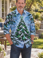 Oceanlyte Men's Long Sleeve Shirt - Christmas Tree With Ornaments And Snowflakes Print with Chest Pocket
