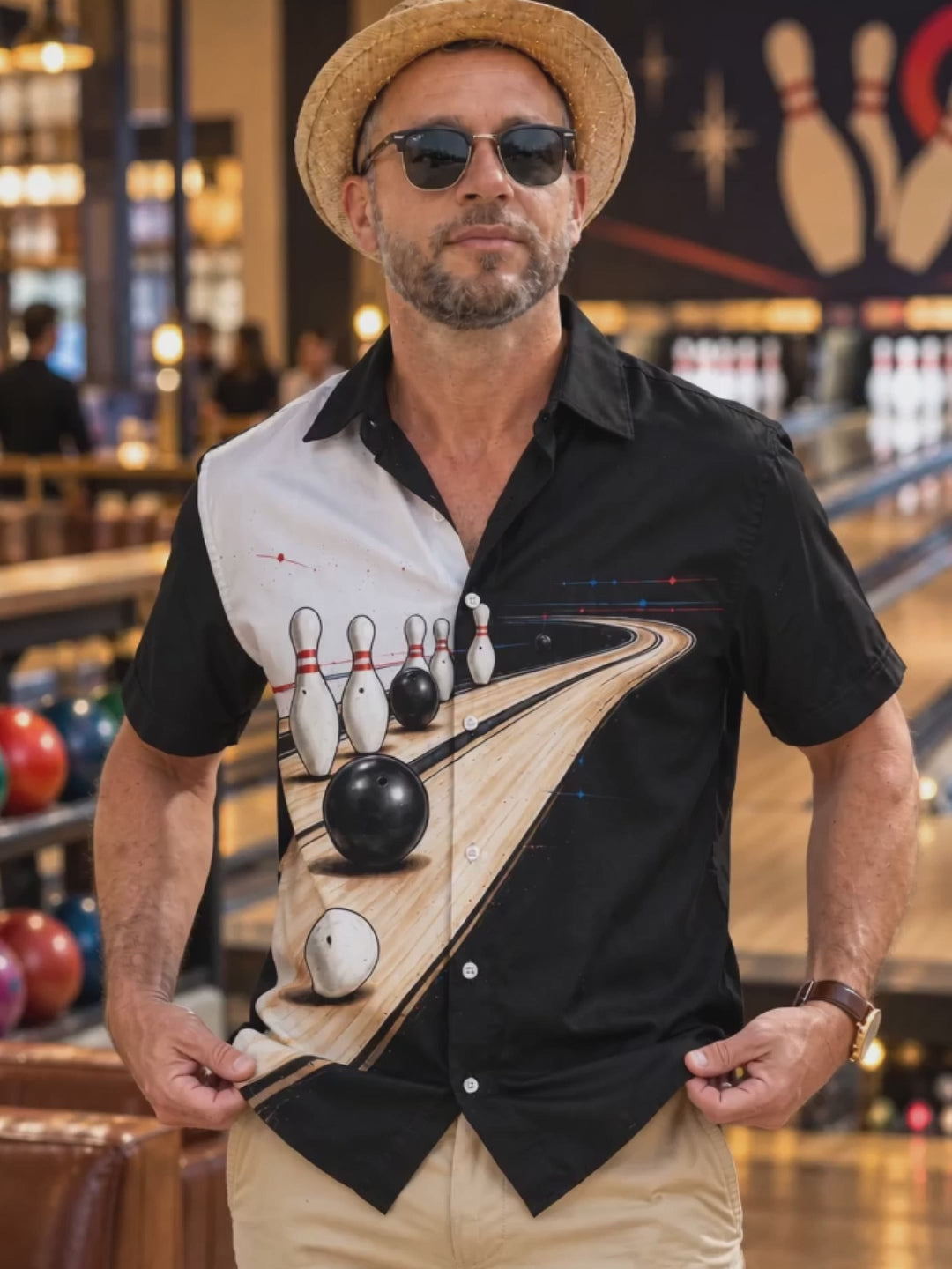 Oceanlyte Men's Bowling Pins And Bowling Balls On Lane Print Short Sleeve Shirt with Chest Pocket