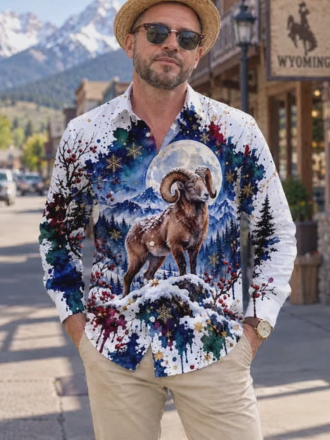 Oceanlyte Men's Antelope In Snowy Mountain Landscape Print Long Sleeve Shirt with Chest Pocket