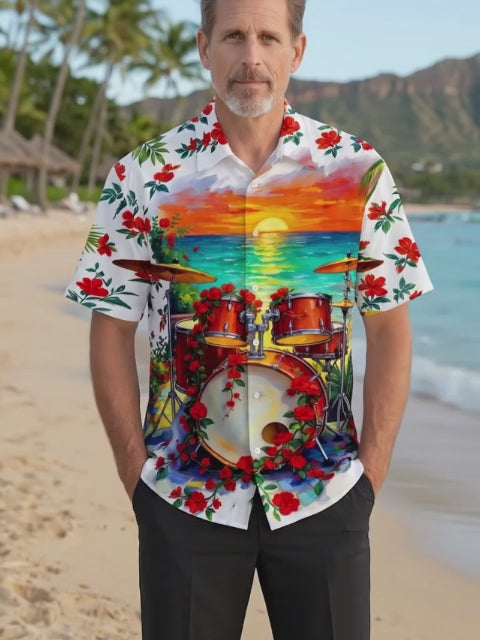 Oceanlyte Men's Hawaiian Drum Set With Red Flowers Print Short Sleeve Shirt with Chest Pocket
