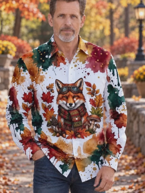 Oceanlyte Men's Graphic Fox With Goggles And Scarf Print Long Sleeve Shirt with Chest Pocket
