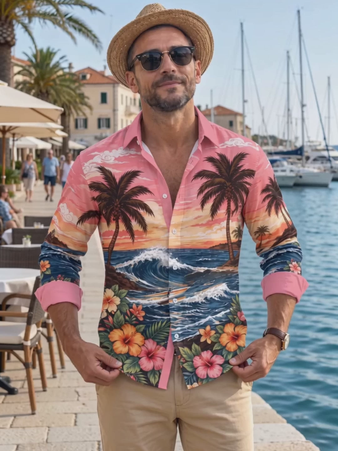 Oceanlyte Men's Palm Trees And Ocean Waves Print Long Sleeve Shirt with Chest Pocket