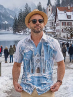 Oceanlyte Men's Graphic Ice Castle And Winter Landscape Print Short Sleeve Shirt with Chest Pocket